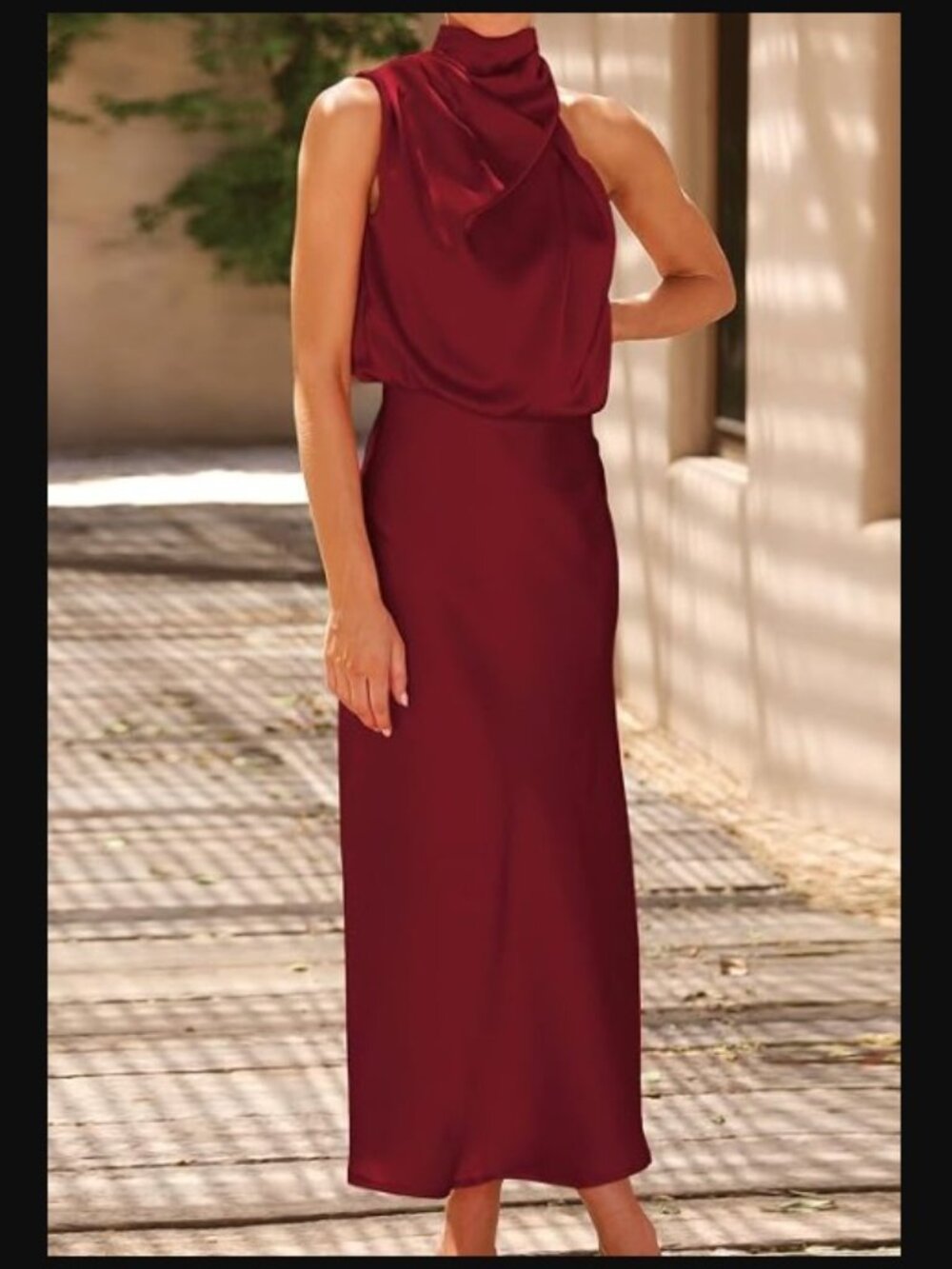Draped High-Neck Maxi Dress in Burgundy